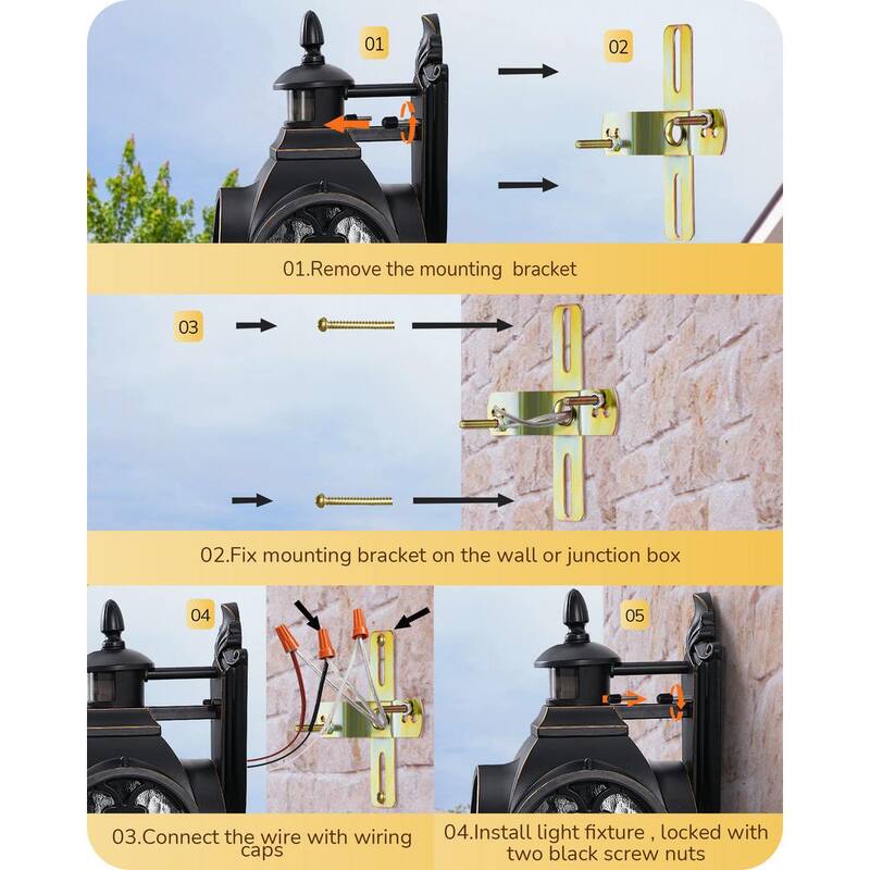 EDISHINE 20.2 pulgadas. Linterna de pared exterior con sensor de movimiento en color negro, de gran tamaño, con cristal de ondas de agua - HOWL07J