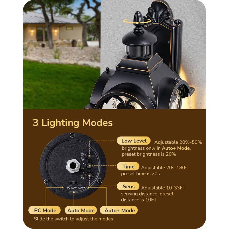 EDISHINE 20.2 pulgadas. Linterna de pared exterior con sensor de movimiento en color negro, de gran tamaño, con cristal de ondas de agua - HOWL07J