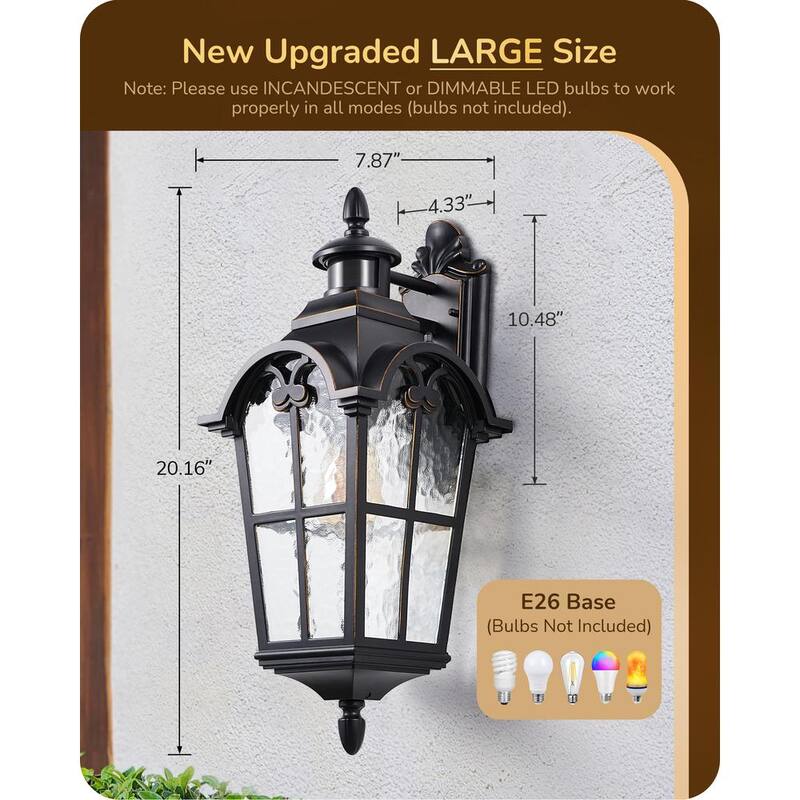 EDISHINE 20.2 pulgadas. Linterna de pared exterior con sensor de movimiento en color negro, de gran tamaño, con cristal de ondas de agua - HOWL07J