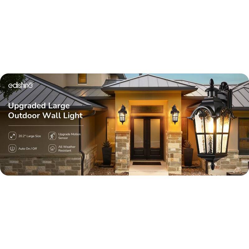 EDISHINE 20.2 pulgadas. Linterna de pared exterior con sensor de movimiento en color negro, de gran tamaño, con cristal de ondas de agua - HOWL07J