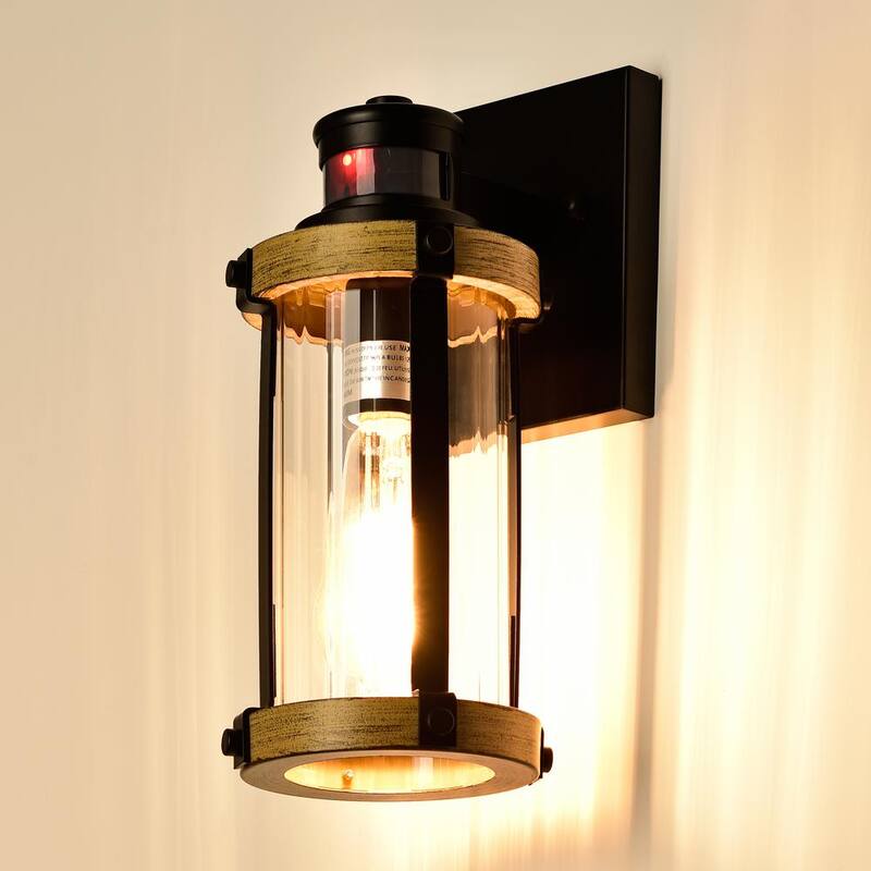C Cattleya Lámpara de pared exterior con sensor de movimiento y atardecer a amanecer de luz negra y veta de madera con vidrio transparente rayado - CA1930-W