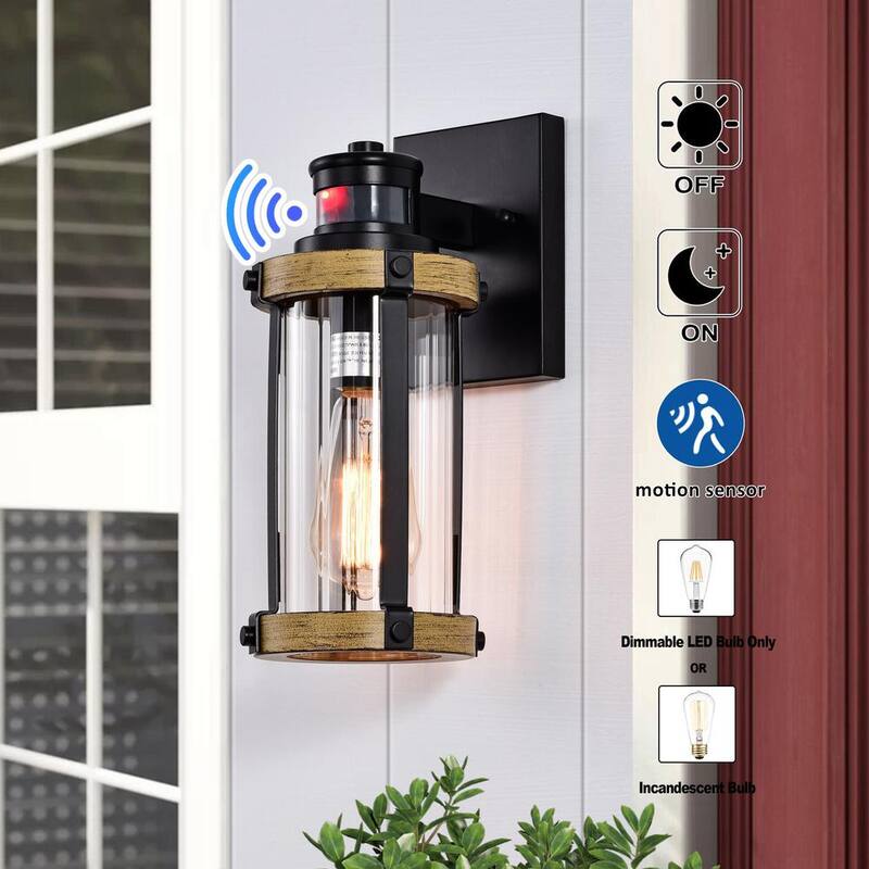 C Cattleya Lámpara de pared exterior con sensor de movimiento y atardecer a amanecer de luz negra y veta de madera con vidrio transparente rayado - CA1930-W