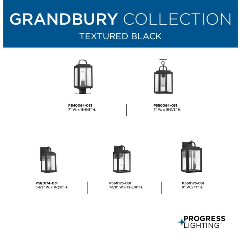 Iluminación de progreso, Colección Grandbury de Progress Lighting, Linterna de pared mediana para exteriores estilo granja de 1 luz en negro texturizado con vidrio transparente - P560175-031