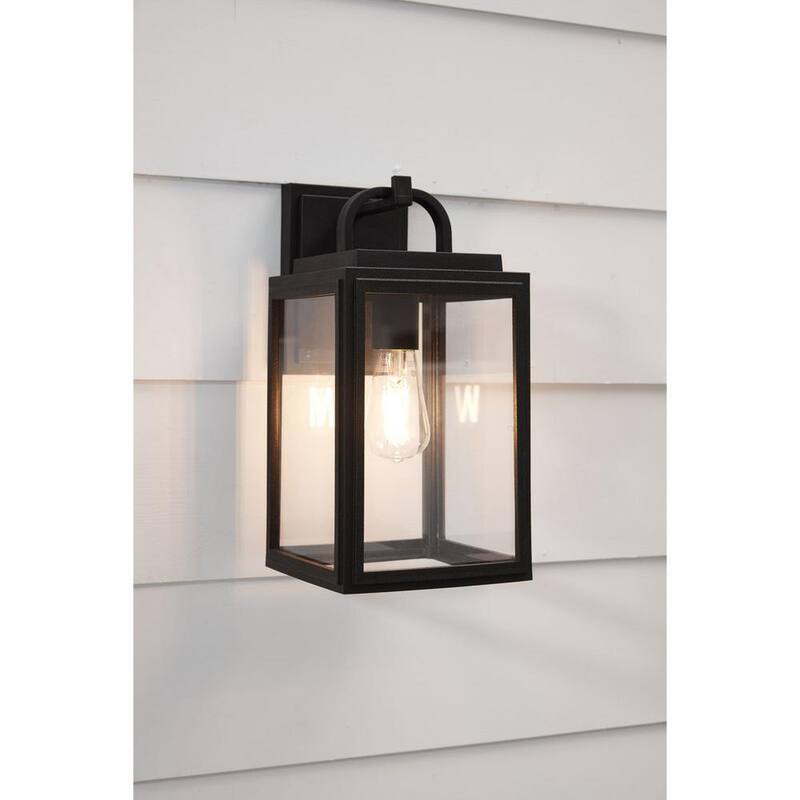 Iluminación de progreso, Colección Grandbury de Progress Lighting, Linterna de pared mediana para exteriores estilo granja de 1 luz en negro texturizado con vidrio transparente - P560175-031
