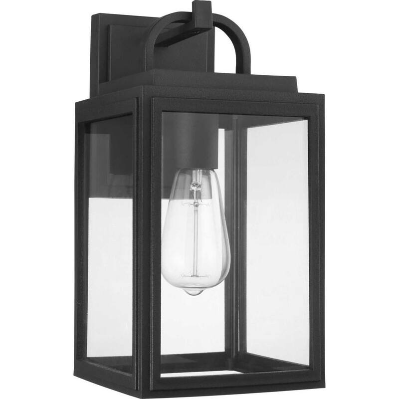 Iluminación de progreso, Colección Grandbury de Progress Lighting, Linterna de pared mediana para exteriores estilo granja de 1 luz en negro texturizado con vidrio transparente - P560175-031