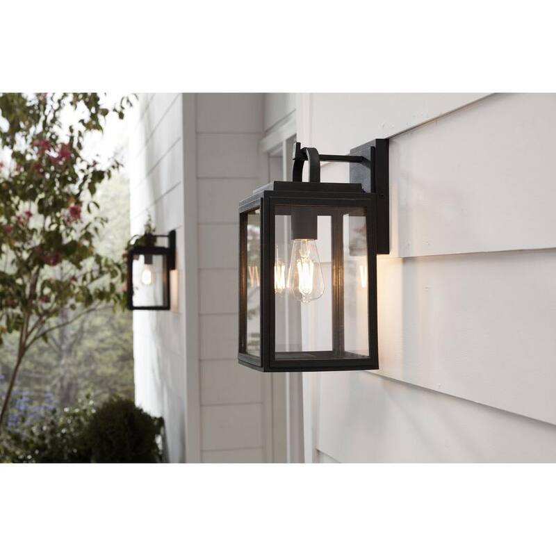 Iluminación de progreso, Colección Grandbury de Progress Lighting, Linterna de pared mediana para exteriores estilo granja de 1 luz en negro texturizado con vidrio transparente - P560175-031