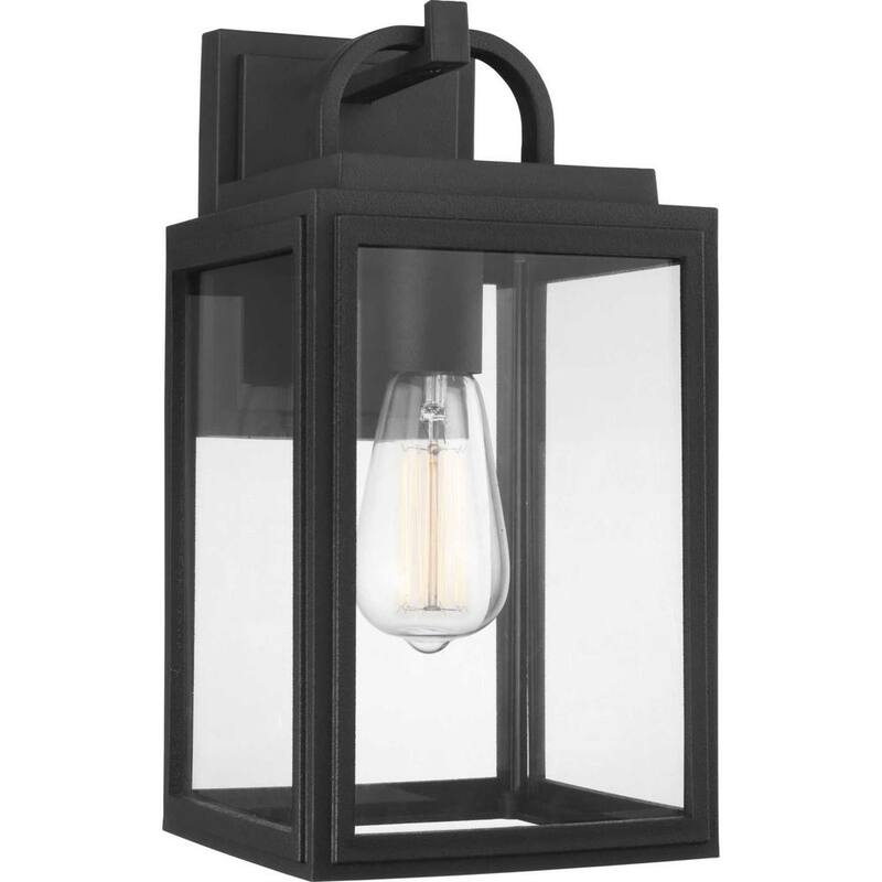Iluminación de progreso, Colección Grandbury de Progress Lighting, Linterna de pared mediana para exteriores estilo granja de 1 luz en negro texturizado con vidrio transparente - P560175-031