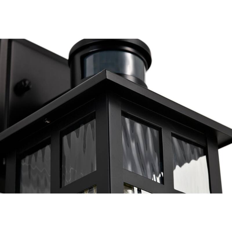 Edvivi 12 pulg. Aplique de pared exterior con sensor de movimiento de 1 luz en negro mate con luz de atardecer a amanecer y vidrio ondulado de agua - EW671S-BK