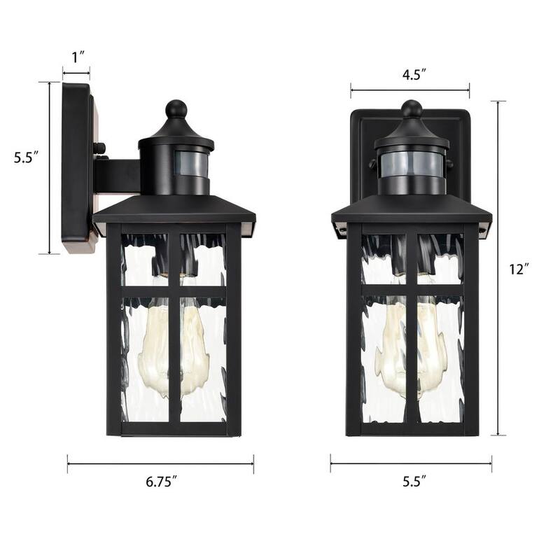Edvivi 12 pulg. Aplique de pared exterior con sensor de movimiento de 1 luz en negro mate con luz de atardecer a amanecer y vidrio ondulado de agua - EW671S-BK