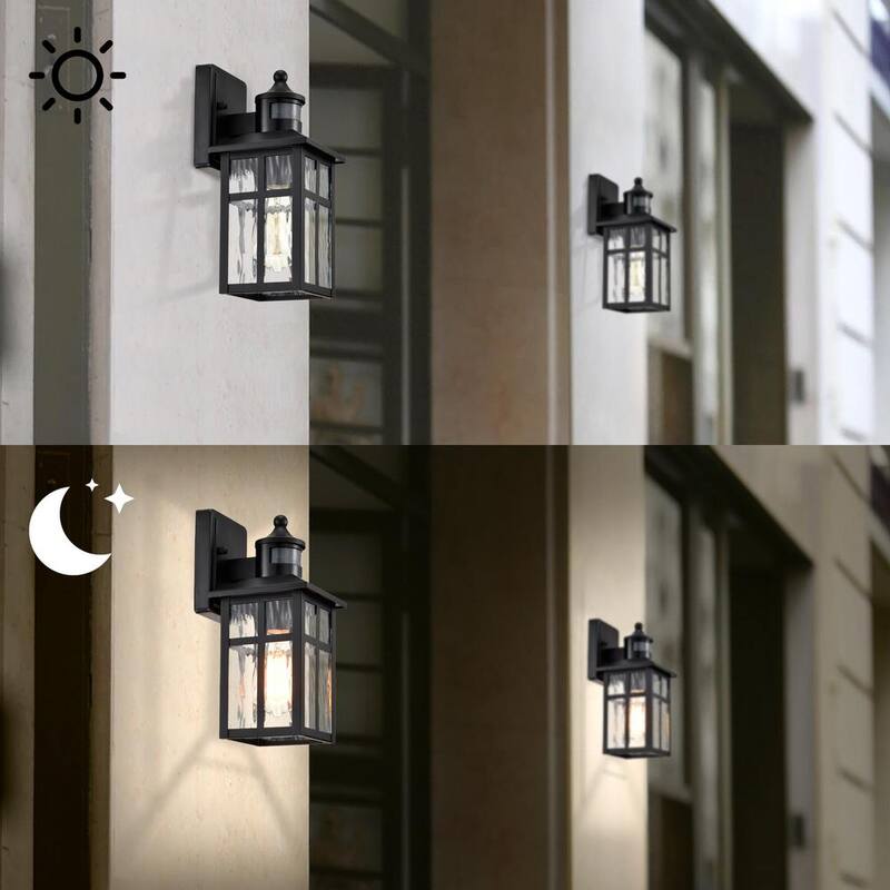 Edvivi 12 pulg. Aplique de pared exterior con sensor de movimiento de 1 luz en negro mate con luz de atardecer a amanecer y vidrio ondulado de agua - EW671S-BK