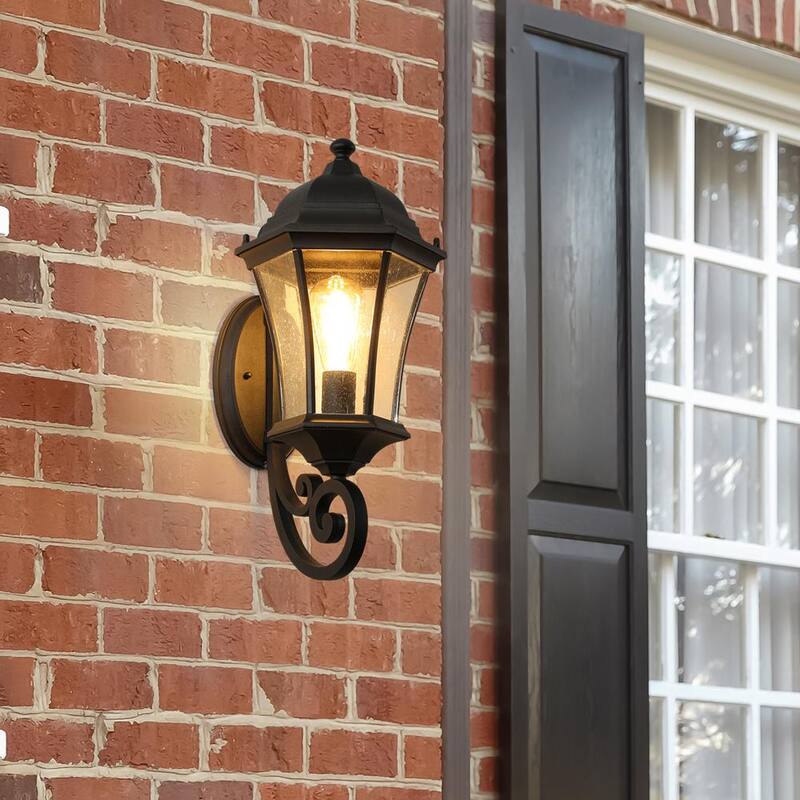 Luz de pared Sunpez de 1 luz, luces de porche, accesorios de luz exterior, luces de montaje en pared, pantalla de vidrio, color negro E26, bombilla no incluida - YM-HW0436