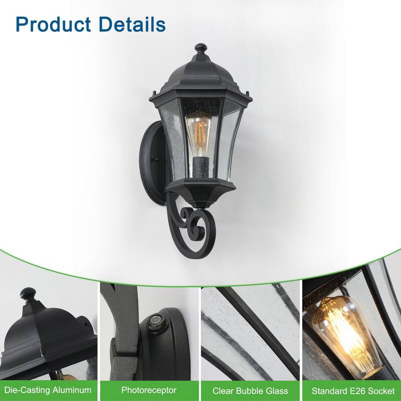 Luz de pared Sunpez de 1 luz, luces de porche, accesorios de luz exterior, luces de montaje en pared, pantalla de vidrio, color negro E26, bombilla no incluida - YM-HW0436