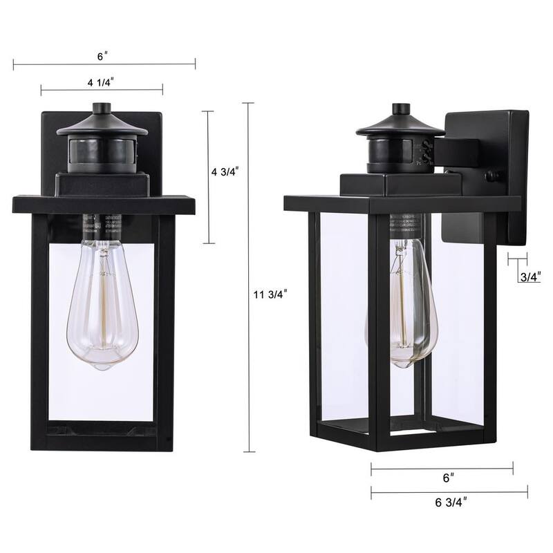 Lámpara de pared de exterior con sensor de movimiento y sensor de luz al amanecer C Cattleya de 1 luz en color negro con cableado duro y sin bombilla incluida (paquete de 2) - HCA2426-2W