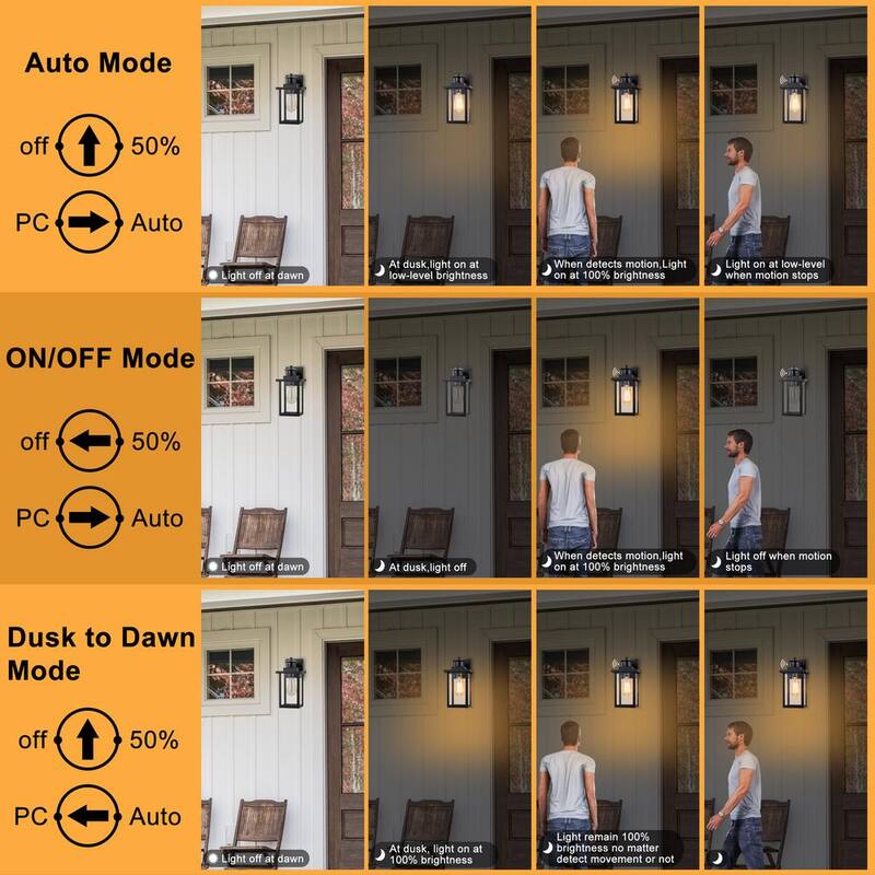 Lámpara de pared de exterior con sensor de movimiento y sensor de luz al amanecer C Cattleya de 1 luz en color negro con cableado duro y sin bombilla incluida (paquete de 2) - HCA2426-2W