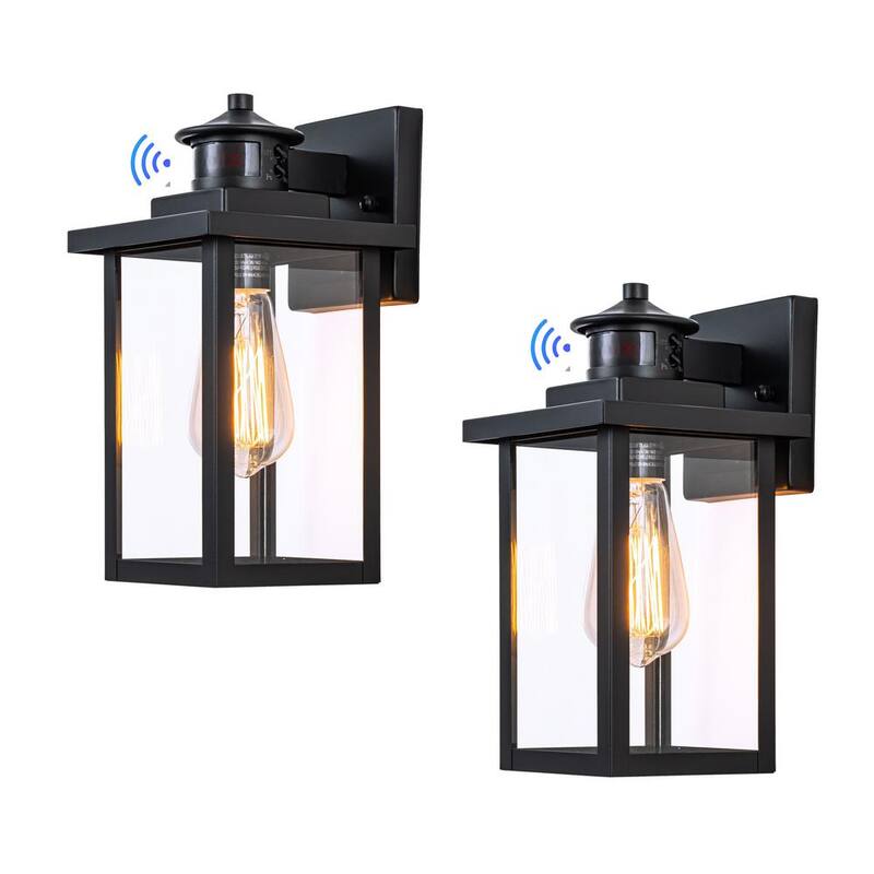 Lámpara de pared de exterior con sensor de movimiento y sensor de luz al amanecer C Cattleya de 1 luz en color negro con cableado duro y sin bombilla incluida (paquete de 2) - HCA2426-2W
