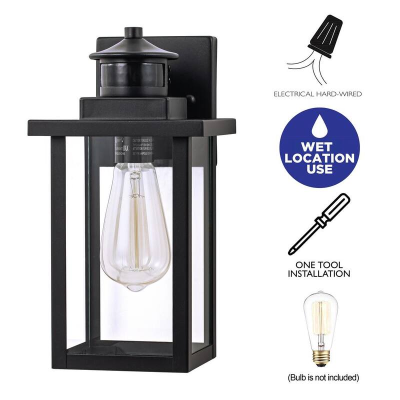 Lámpara de pared de exterior con sensor de movimiento y sensor de luz al amanecer C Cattleya de 1 luz en color negro con cableado duro y sin bombilla incluida (paquete de 2) - HCA2426-2W