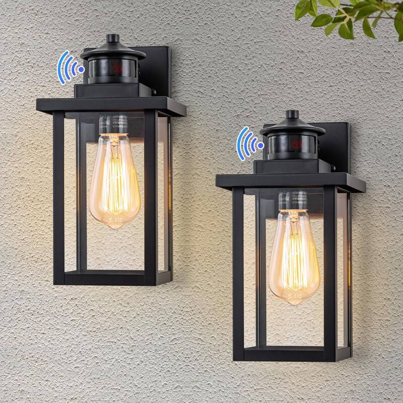 Lámpara de pared de exterior con sensor de movimiento y sensor de luz al amanecer C Cattleya de 1 luz en color negro con cableado duro y sin bombilla incluida (paquete de 2) - HCA2426-2W