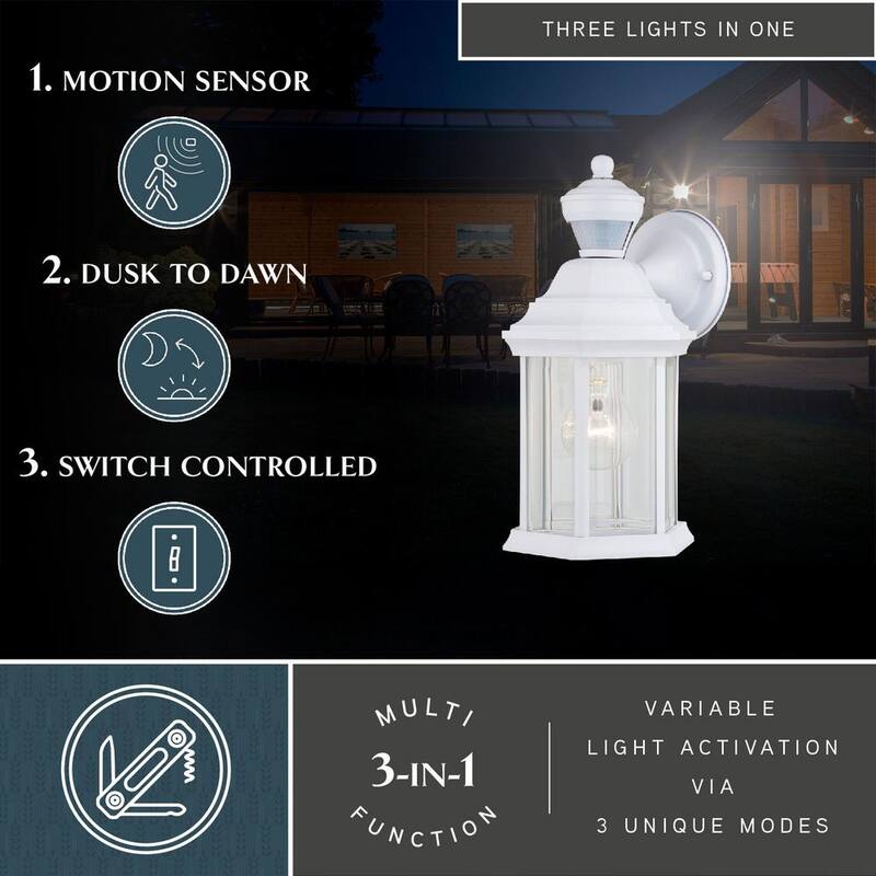 VAXCEL Auburn Aluminio 6.25 pulgadas W 1 Luz Sensor de Movimiento Blanco Fotocelda Linterna de Pared Exterior de Amanecer a Anochecer Cristal Transparente - T0730
