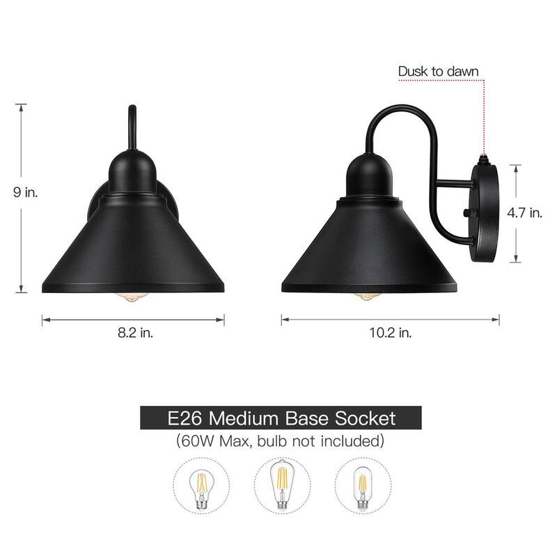 Lámpara de pared exterior negra TRUE FINE 8 en 1 con sensor de luz al anochecer y al amanecer, juego de 2 luces de granero - 130022-2PK