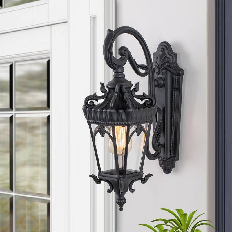 Luminaria de pared para exteriores Cattleya de 1 luz en aluminio fundido color negro mate con vidrio templado transparente - CA2132-W