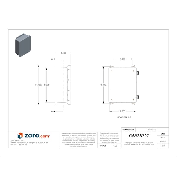 Wiegmann Fiberglass Electrical Enclosures, 9.73 in H, 3.98 in D, 8 in W, NEMA 12, 4X, 6P, Hinged - HW-J100804CHQR