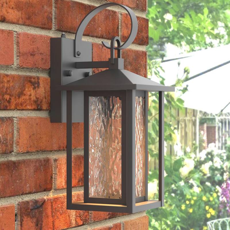 Linterna de pared Maxax Montpelier 14.35 pulg. grano de arena negro con LED integrado desde el anochecer hasta el amanecer, con vidrio para exterior y cableado duro - 7024-1BK