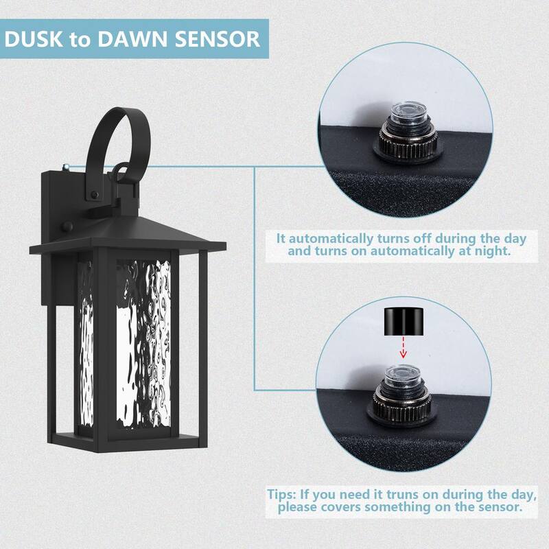 Linterna de pared Maxax Montpelier 14.35 pulg. grano de arena negro con LED integrado desde el anochecer hasta el amanecer, con vidrio para exterior y cableado duro - 7024-1BK