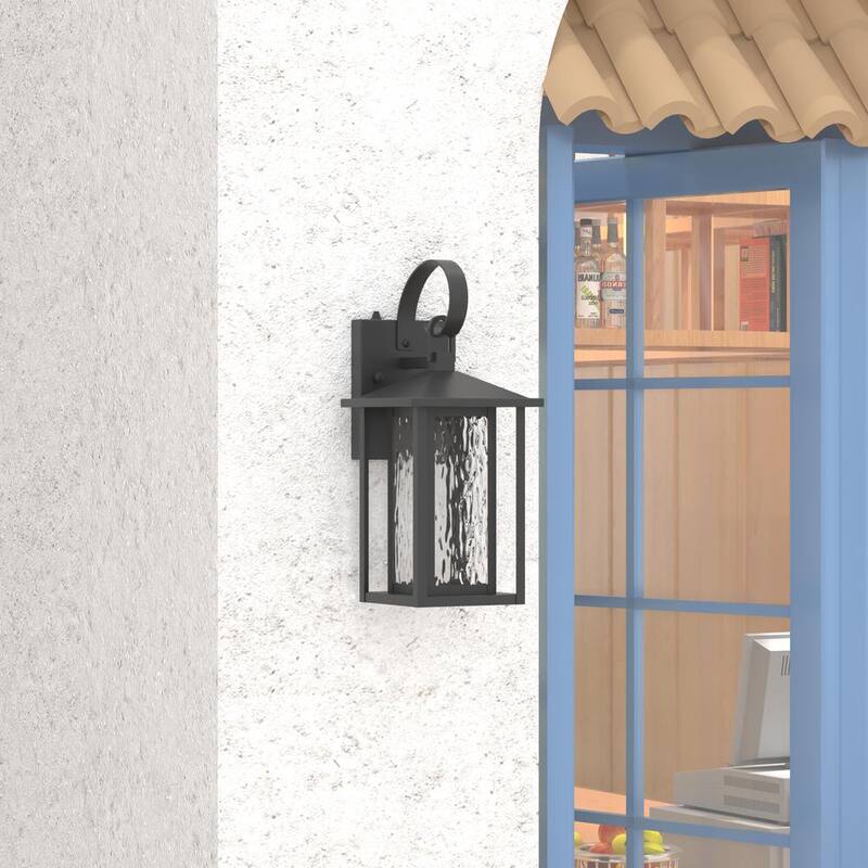 Linterna de pared Maxax Montpelier 14.35 pulg. grano de arena negro con LED integrado desde el anochecer hasta el amanecer, con vidrio para exterior y cableado duro - 7024-1BK