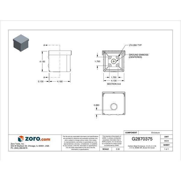 Wiegmann Carbon Steel Electrical Enclosures, 4 in H, 4 in D, 4 in W, NEMA 3R, Screw On - RSC040404