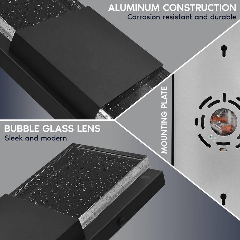 Lámpara de pared exterior LED hacia arriba hacia abajo en negro LUXRITE de 17 pulgadas, luz 3CCT 3000K-5000K con cristal de burbujas, 12W, ETL IP65 impermeable, paquete de 2 - LR40392-2PK