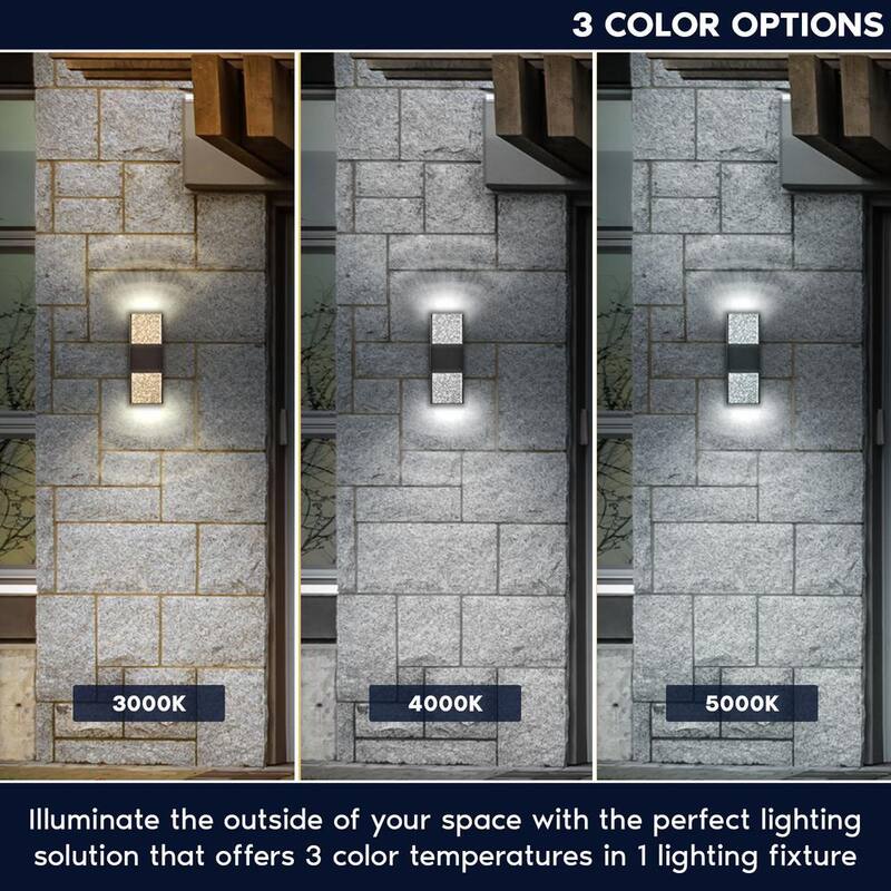 Lámpara de pared exterior LED hacia arriba hacia abajo en negro LUXRITE de 17 pulgadas, luz 3CCT 3000K-5000K con cristal de burbujas, 12W, ETL IP65 impermeable, paquete de 2 - LR40392-2PK