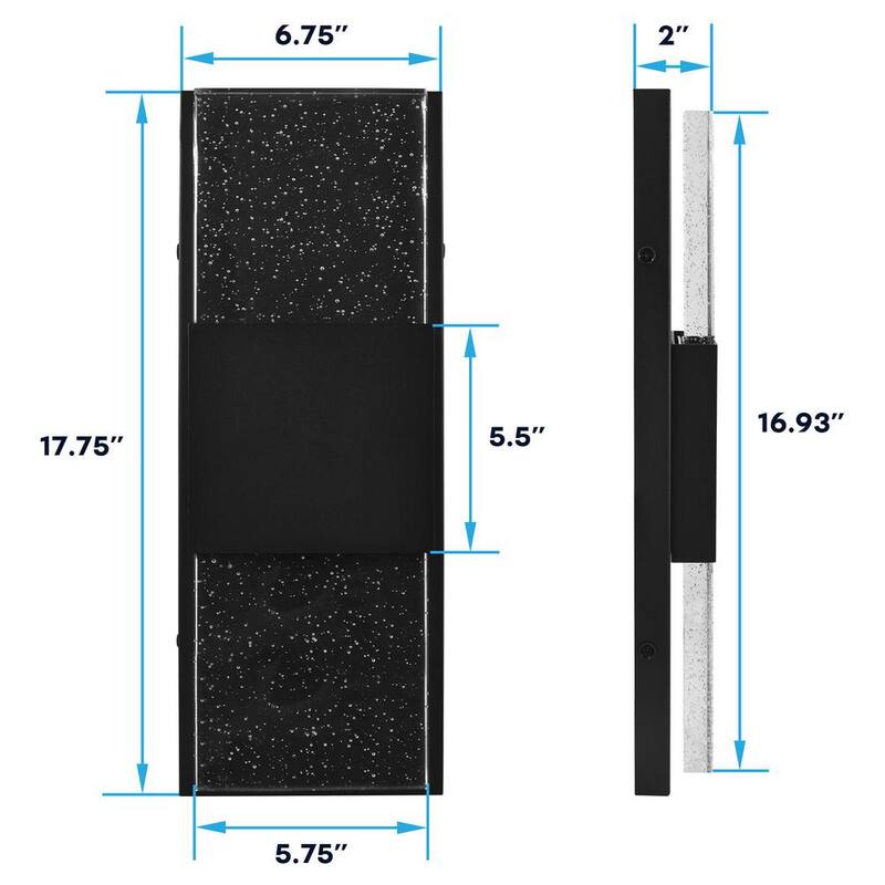 Lámpara de pared exterior LED hacia arriba hacia abajo en negro LUXRITE de 17 pulgadas, luz 3CCT 3000K-5000K con cristal de burbujas, 12W, ETL IP65 impermeable, paquete de 2 - LR40392-2PK