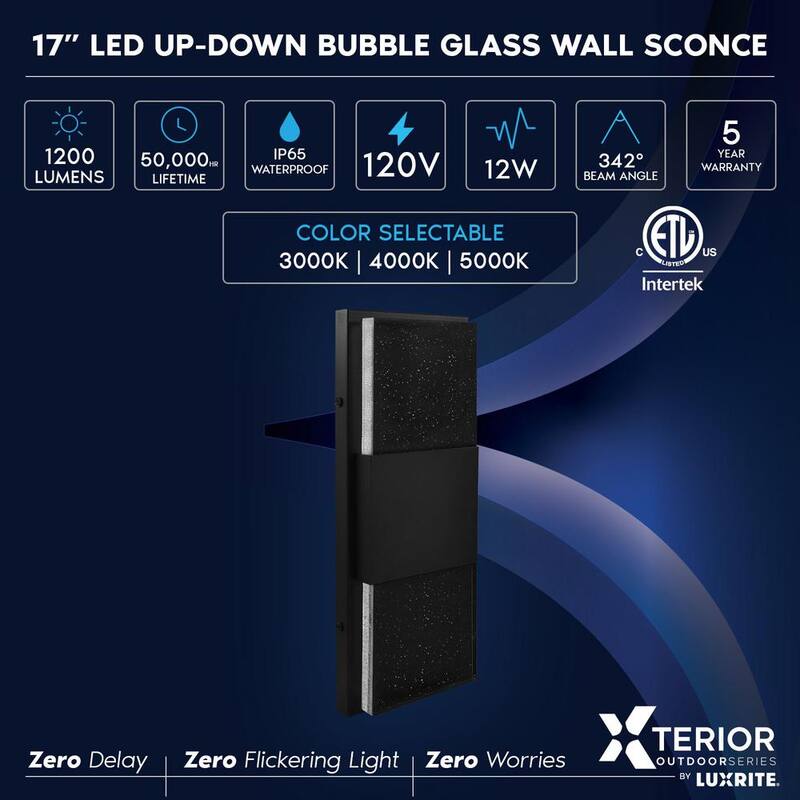 Lámpara de pared exterior LED hacia arriba hacia abajo en negro LUXRITE de 17 pulgadas, luz 3CCT 3000K-5000K con cristal de burbujas, 12W, ETL IP65 impermeable, paquete de 2 - LR40392-2PK
