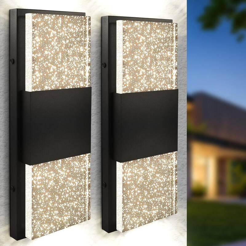 Lámpara de pared exterior LED hacia arriba hacia abajo en negro LUXRITE de 17 pulgadas, luz 3CCT 3000K-5000K con cristal de burbujas, 12W, ETL IP65 impermeable, paquete de 2 - LR40392-2PK