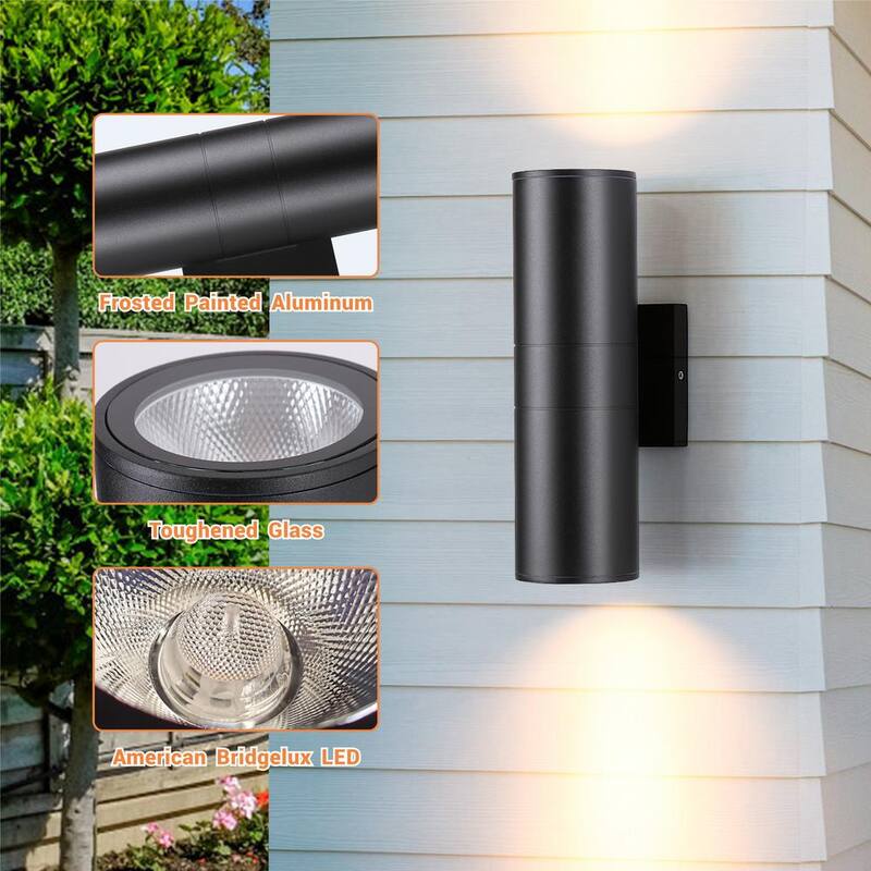 HKMGT Aluminio 12 vatios equivalente LED integrado luz de aplique de pared cilíndrico negro para interior/exterior, paquete de pared 2700K (2 piezas) - BD01C01xy2P