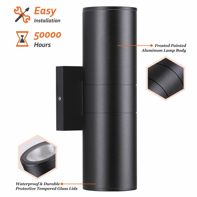 HKMGT Aluminio 12 vatios equivalente LED integrado luz de aplique de pared cilíndrico negro para interior/exterior, paquete de pared 2700K (2 piezas) - BD01C01xy2P