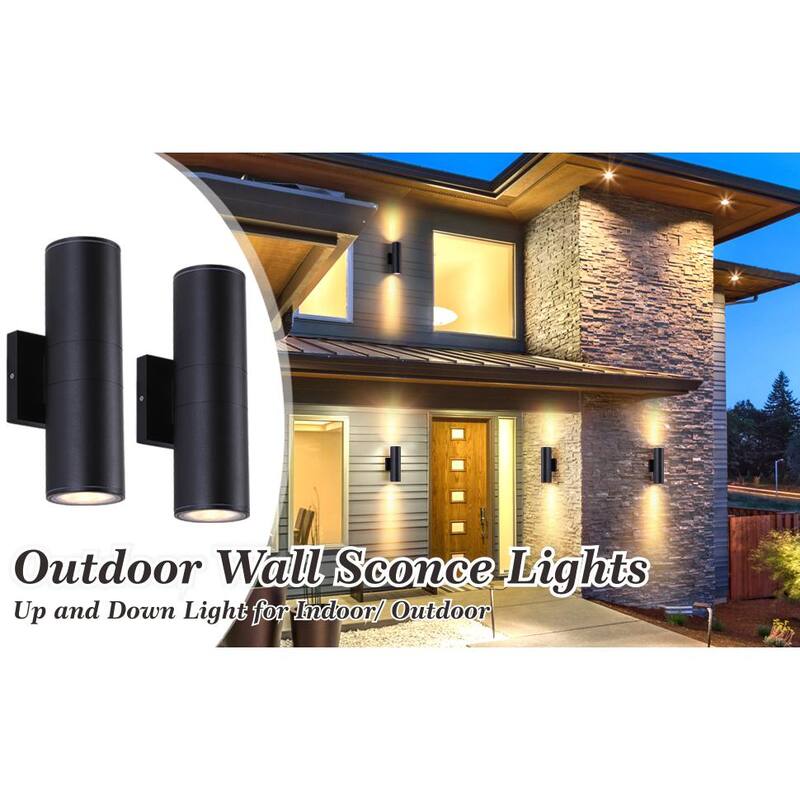 HKMGT Aluminio 12 vatios equivalente LED integrado luz de aplique de pared cilíndrico negro para interior/exterior, paquete de pared 2700K (2 piezas) - BD01C01xy2P