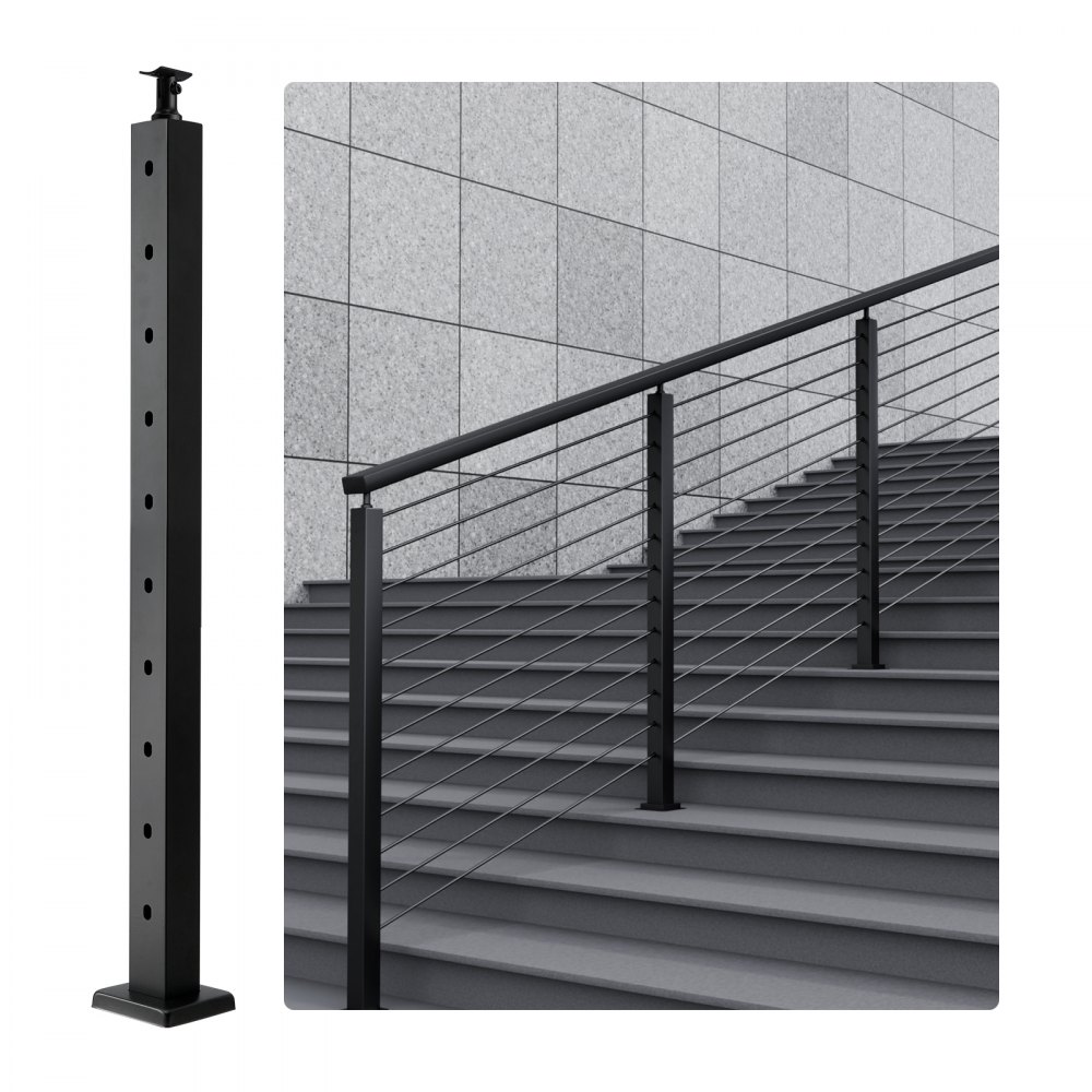 VEVOR Cable Railing Post, 36" x 2" x 2" Steel 30° Angled Hole Stair Railing Post, 10 Pre-Drilled Holes, SUS304 Stainless Steel Cable Rail Post with Horizontal and Curved Bracket, 1-Pack, Black - 1JZLGZ91455HV8GHUV0