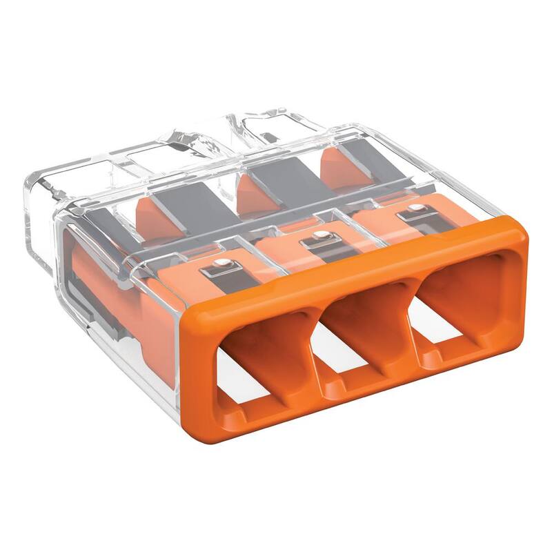 Conector de cables de inserción WAGO Serie 2773 de 3 puertos para cajas de empalme, Conector eléctrico con cubierta naranja (paquete de 100) - 27730403K00-007
