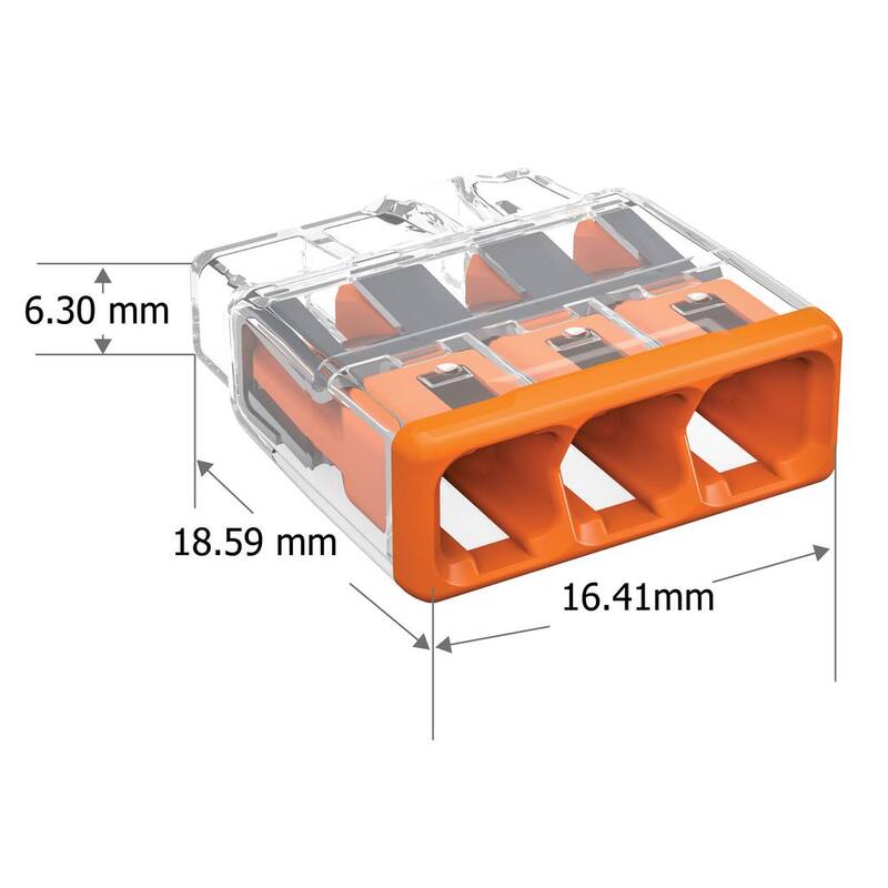 Conector de cables de inserción WAGO Serie 2773 de 3 puertos para cajas de empalme, Conector eléctrico con cubierta naranja (paquete de 100) - 27730403K00-007