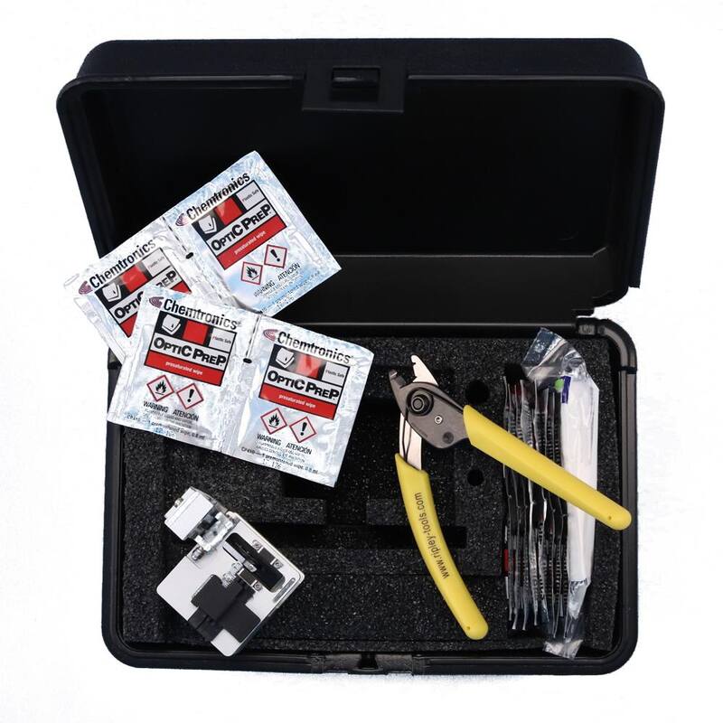 Kit de herramientas Leviton FastCAM Connector Opt-X: Cortadora de fibra óptica Opt-X, Herramienta para remover protector de fibra, Toallitas sin pelusa, Toallitas humedecidas con alcohol - 49800-MSK