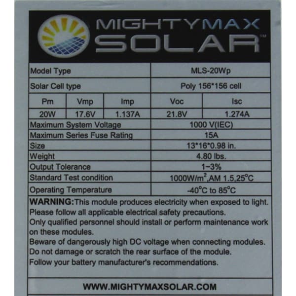 Mighty Max Battery Polycrystalline Solar Panel, 20 W, 12V - MAX3829287