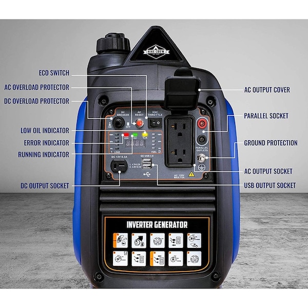 Hike Crew Portable and Inverter Generator, Gasoline, 2,200 W Rated, 2,250 W Surge, Recoil Start, 15/8 A - HCIG2250