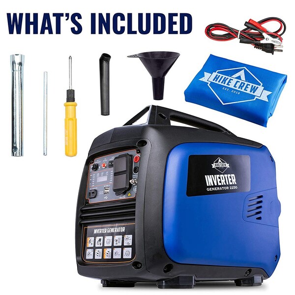 Hike Crew Portable and Inverter Generator, Gasoline, 2,200 W Rated, 2,250 W Surge, Recoil Start, 15/8 A - HCIG2250