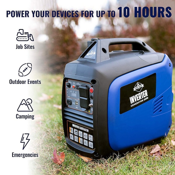Hike Crew Portable and Inverter Generator, Gasoline, 2,200 W Rated, 2,250 W Surge, Recoil Start, 15/8 A - HCIG2250