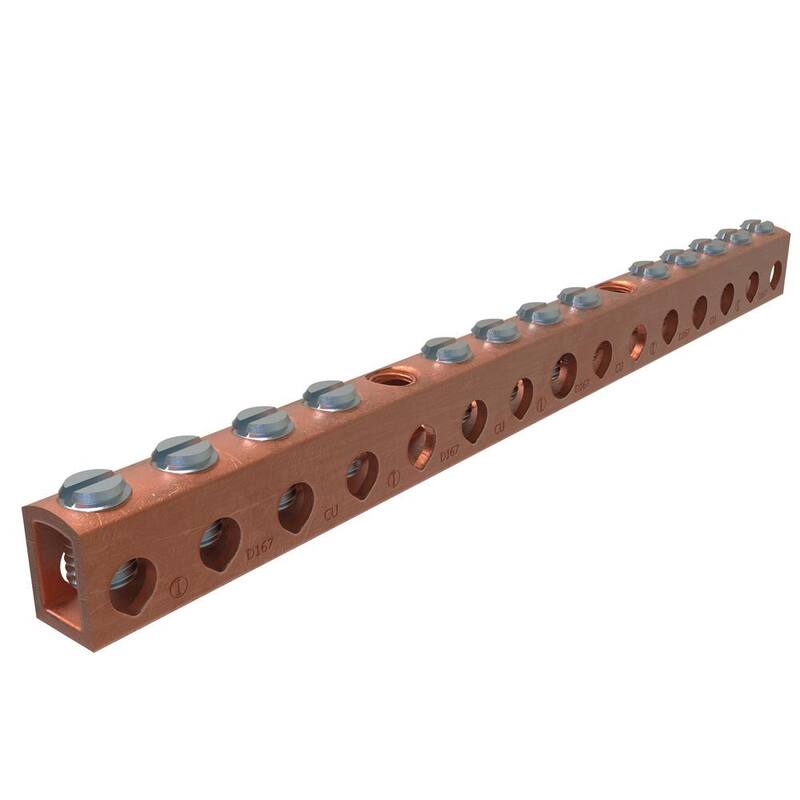 Conector de barra neutral de cobre ILSCO, rango de conductores 4-14 principal, 6-14 de empalme, 13 puertos - D167-12-EC