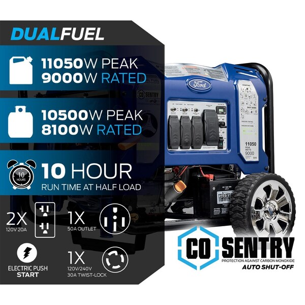 Ford Portable Generator, Gasoline/Liquid Propane, 9,000 W/8,100 W Rated, 11,050 W/10,500 W Surge - FG11050PBECO