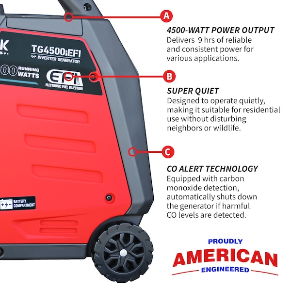 Tomahawk Power Inverter Generator, 3800W Rated, 4500W Surge, Electric, Remote, Manual Start, 120V, 20A/30A A - TG4500iEFI