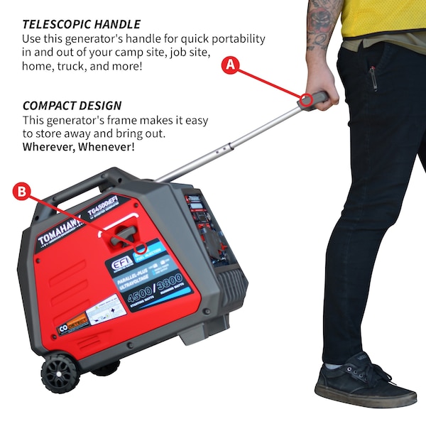 Tomahawk Power Inverter Generator, 3800W Rated, 4500W Surge, Electric, Remote, Manual Start, 120V, 20A/30A A - TG4500iEFI