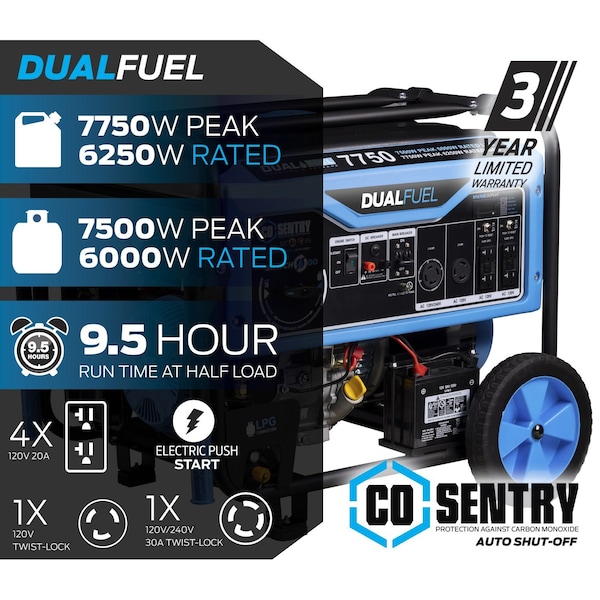 Pulsar Portable Generator, Gasoline/Liquid Propane, 6,250 W/6,000 W Rated, 7,750 W/7,500 W Surge, 52 A - PG7750BCO